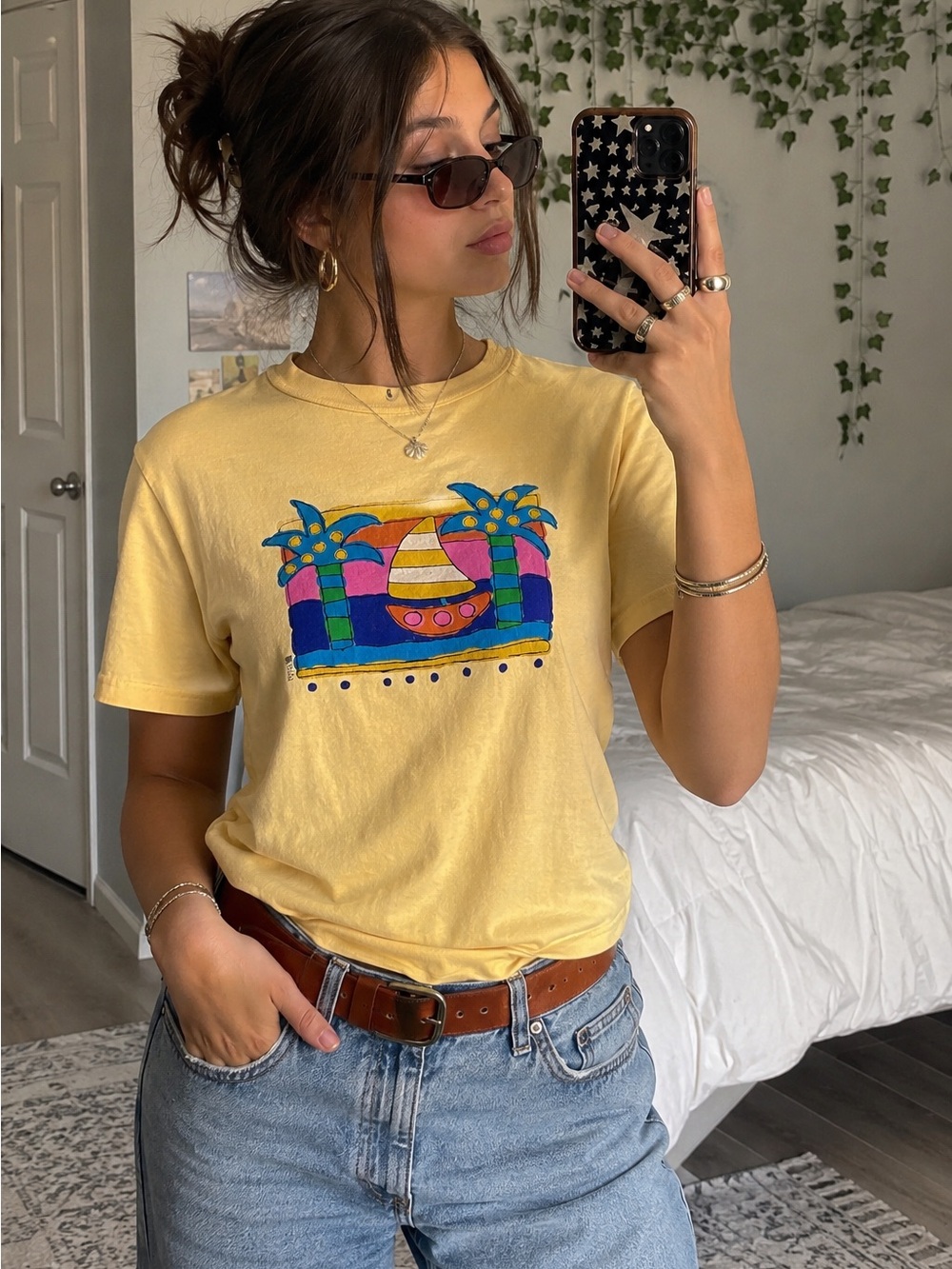 vintage fresh produce yellow graphic tee small tropical sailboat palm 90s y2k